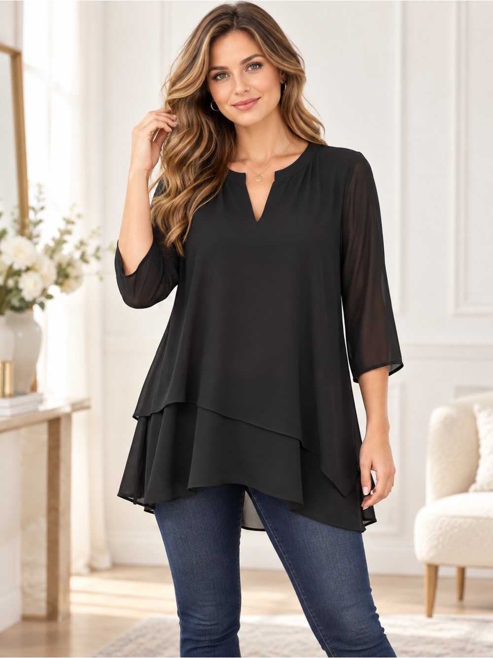 alex & lili Split V-Neck Layered Chiffon Hem Tunic Top Size Large
